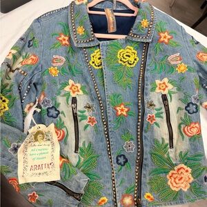 Aratta Women's Embroidered Denim Jacket - Blue and Multicolor